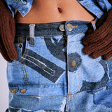 Vintage Moschino Jeans Trompe L'Oeil Denim Print Yelek Pantolon Takım