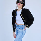 Vintage Gold Zımba Detaylı Cropped Süet Ceket